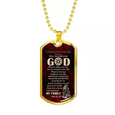 Firefighter's Prayer Dog Tag Pendant Necklace - Fire Rescue Fireman Necklace - Dog Tag (Gold Plated)