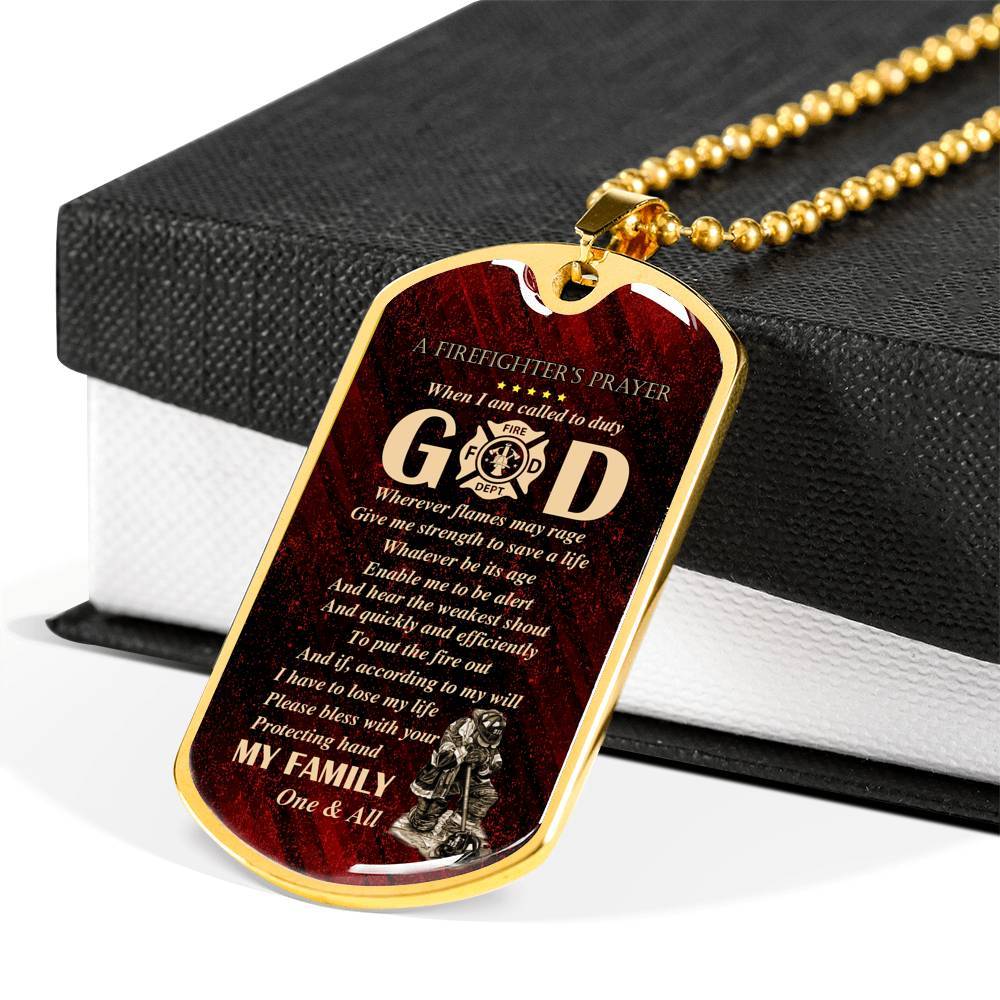 Firefighter's Prayer Dog Tag Pendant Necklace - Fire Rescue Fireman Necklace - Dog Tag (Gold Plated)