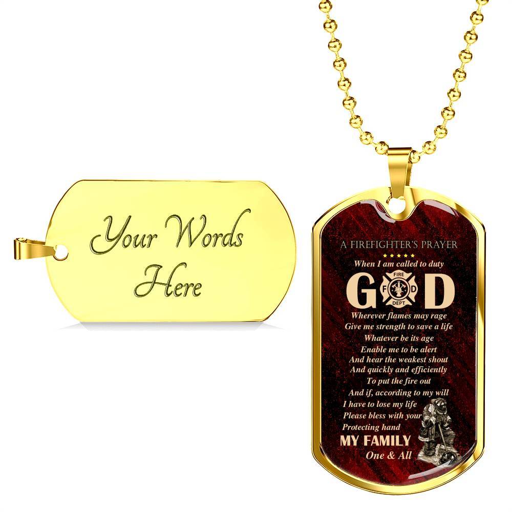 Firefighter's Prayer Dog Tag Pendant Necklace - Fire Rescue Fireman Necklace - Dog Tag (Gold Plated)