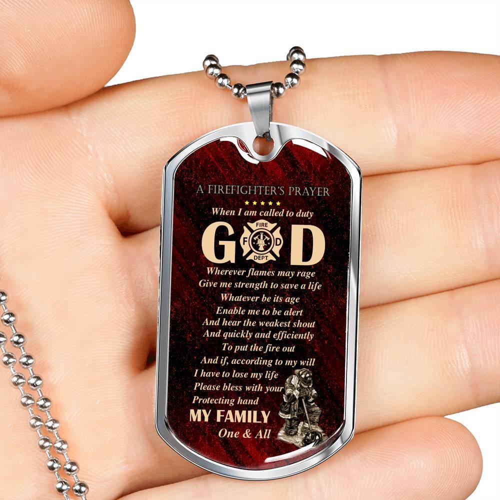 Firefighter's Prayer Dog Tag Pendant Necklace - Fire Rescue Fireman Necklace - Dog Tag (Silver)