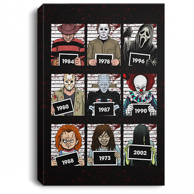 Horror Movie Characters Suspects Friends Unframed Poster - Horror Prison Squad Mugshot Framed Canvas Prints, White, 0.75'' Framed Canvas