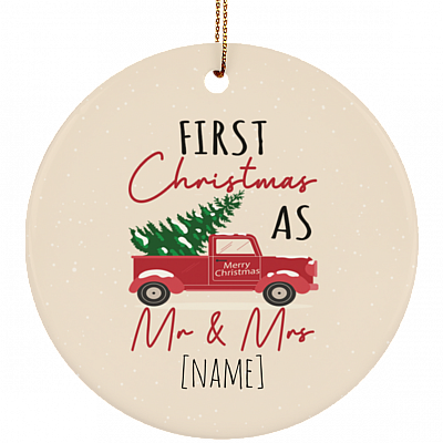 Personalized First Christmas As Mr And Mrs 2020 Decorative Christmas Flat Circle Porcelain Ceramic Ornament, White, Circle Ornament
