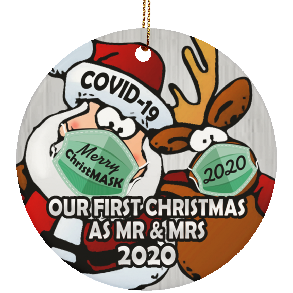 Our First Christmas As Mr And Mrs Christmas Ornament - Santa Reindeer Flat Circle Porcelain Ceramic Ornament, White, Circle Ornament