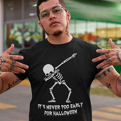Alternative view of It's Never Too Early For Halloween Funny T-shirt - V-neck - Funny Skull Skeleton Dabbing Halloween Shirt