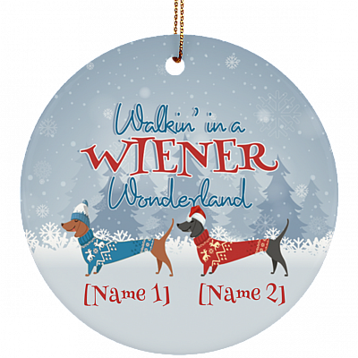 Personalized Walking In A Wiener Wonderland Dachshund Christmas Ornament Keepsake - Circle Ceramic Ornament, White, Circle Ornament