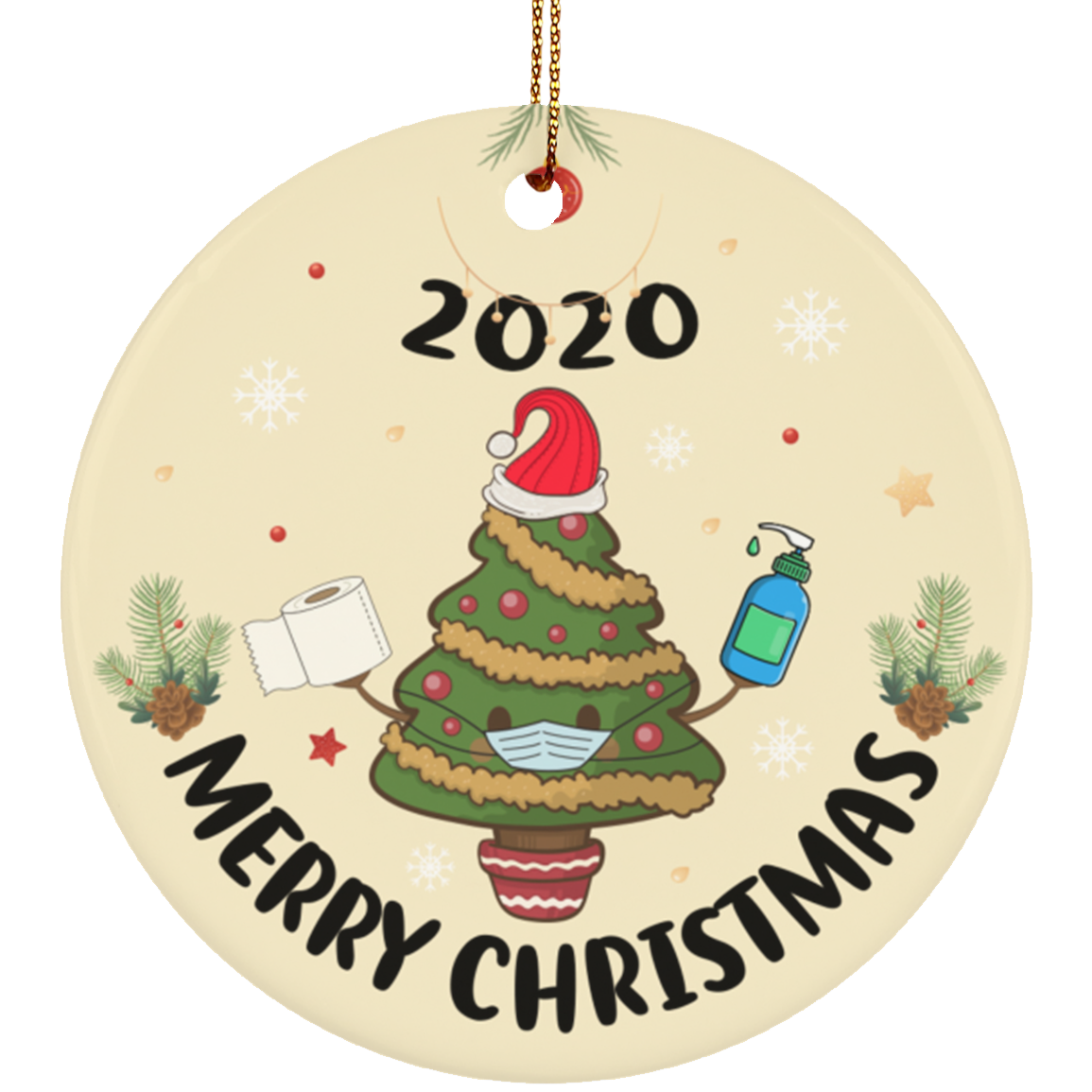 Merry Christmas Tree Mask Holiday Keepsake - Circle Porcelain Ceramic Ornament - Decoration Gift, White, Circle Ornament