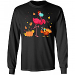 Funny Flamingo Turkey Thanksgiving Christmas Hoodie Sweatshirt - Pink Flamingo Thanksgiving Christmas Shirt, Black, Long Sleeve