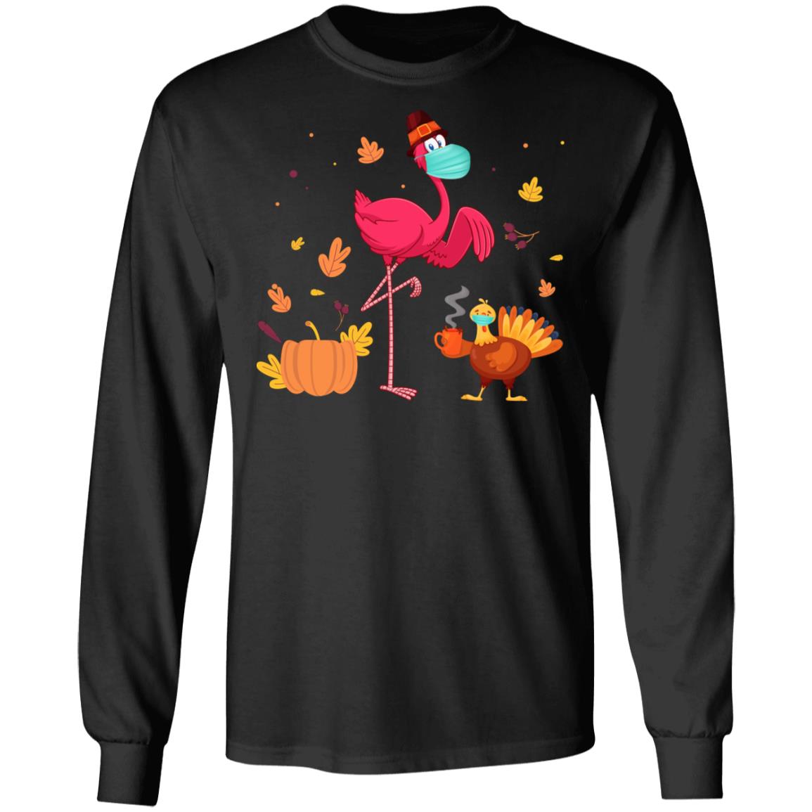 Funny Flamingo Turkey Thanksgiving Christmas Hoodie Sweatshirt - Pink Flamingo Thanksgiving Christmas Shirt, Black, Long Sleeve