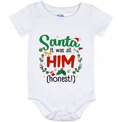 Santa It Was All Him Honest Funny Christmas Baby Onesie - Baby Infant Bodysuit, White, Baby Onesie - 12 Month