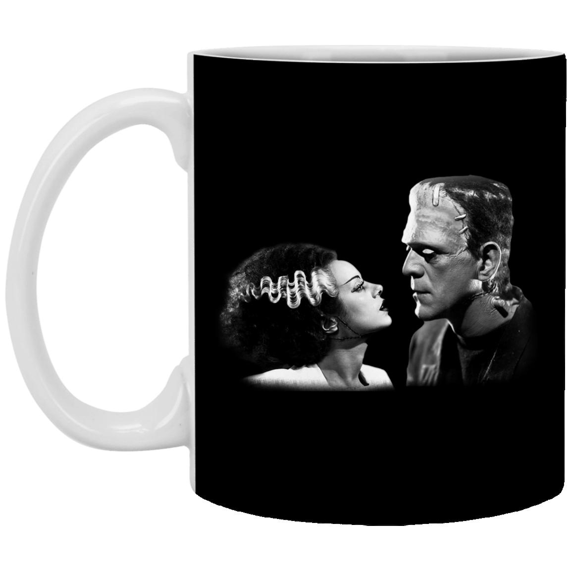 The Bride of Frankenstein & Frankenstein Couple Horror Characters Ceramic Coffee Mug - Water Bottle, Black, 11 oz. White Mug