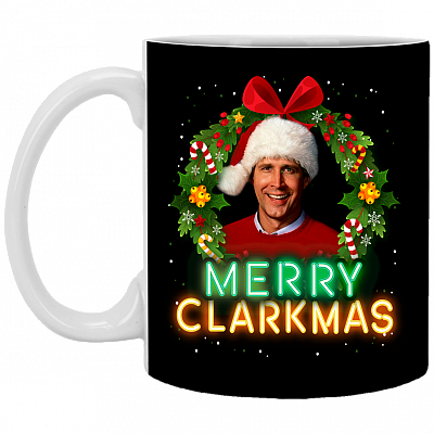 Merry Clarkmas Mug - Christmas Vacation Ceramic Coffee Mug - Beer Stein - Water Bottle - Funny Movies Mug, Black, 11 oz. White Mug