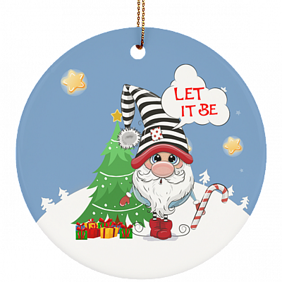 Xmas Gnome Let It Be Decorative Christmas Ornament - Holiday Flat Circle Porcelain Ceramic Ornament, White, Circle Ornament