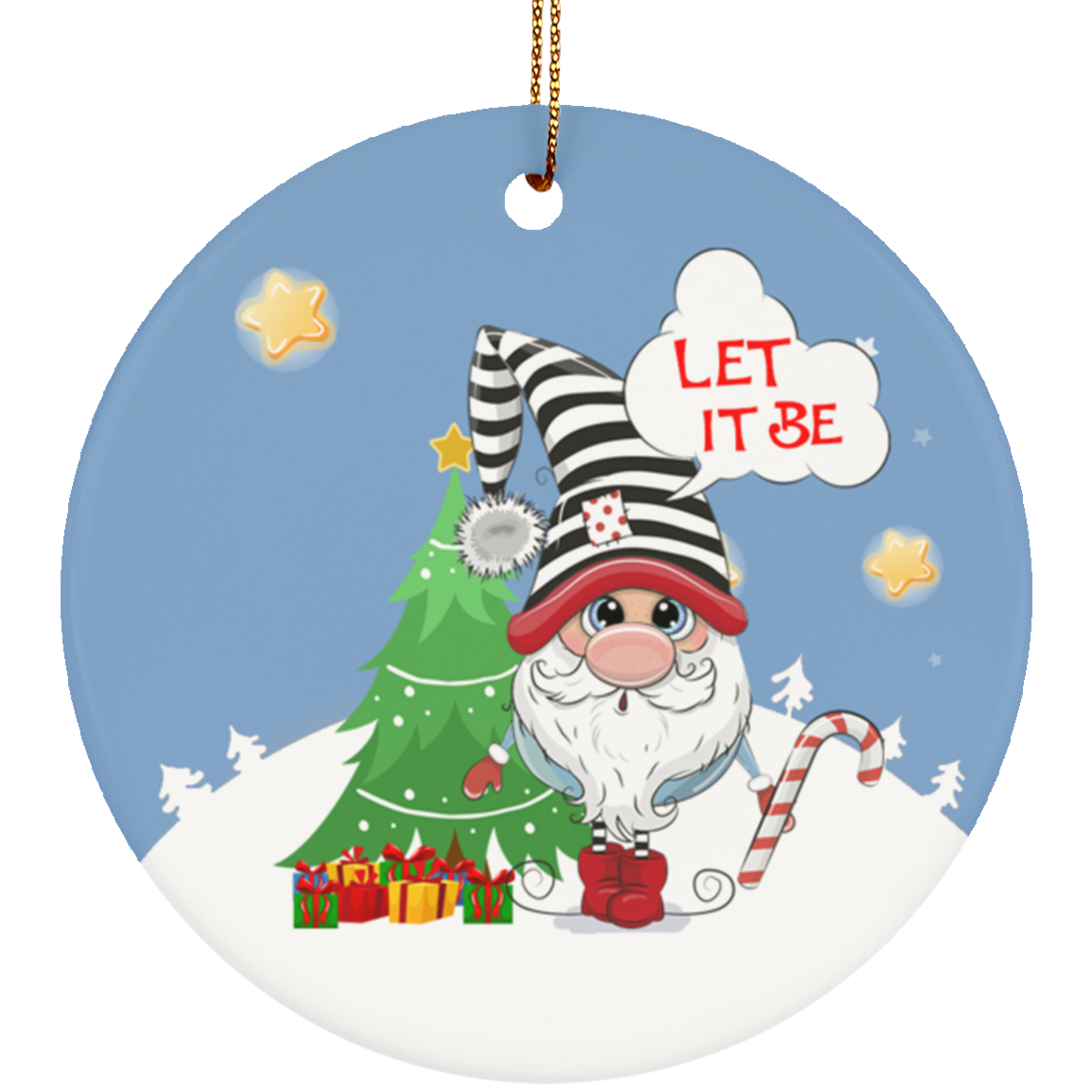 Xmas Gnome Let It Be Decorative Christmas Ornament - Holiday Flat Circle Porcelain Ceramic Ornament, White, Circle Ornament