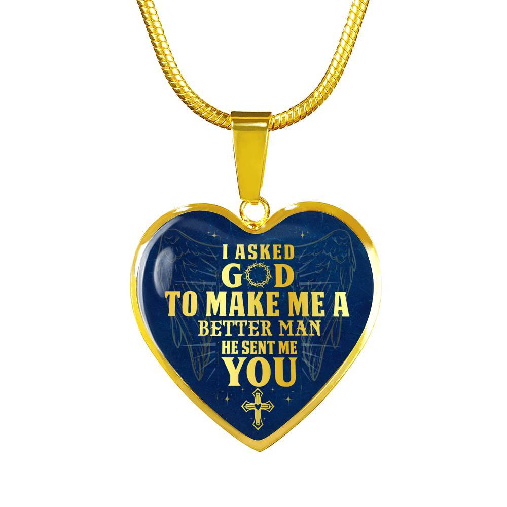 Gift to Her I Asked God to Make Me a Better Man He Sent Me You Cross Angel Wings Heart Pendant Necklace - Heart Luxury Necklace (Gold Plated)