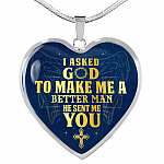 Gift to Her I Asked God to Make Me a Better Man He Sent Me You Cross Angel Wings Heart Pendant Necklace - Heart Luxury Necklace (Silver)
