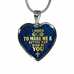 Gift to Her I Asked God to Make Me a Better Man He Sent Me You Cross Angel Wings Heart Pendant Necklace - Heart Luxury Necklace (Silver)