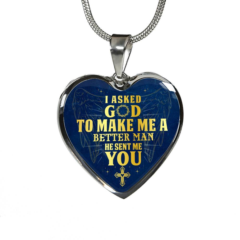 Gift to Her I Asked God to Make Me a Better Man He Sent Me You Cross Angel Wings Heart Pendant Necklace - Heart Luxury Necklace (Silver)