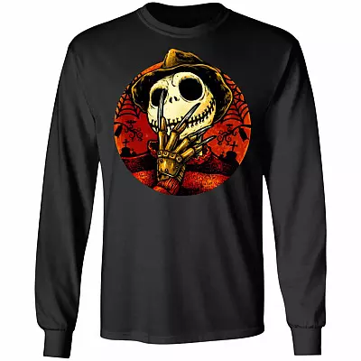 Freddy Skellington T-shirt - Freddy Kruger Jack Skellington Halloween Horror Movie Hoodie - Sweatshirt, Black, Long Sleeve