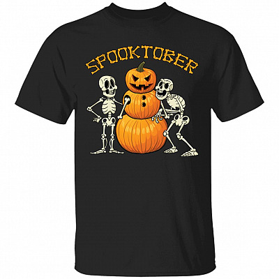 Spooktober Pumpkin Snowman Skeleton Funny Halloween T-shirt, Black, Unisex T-Shirt