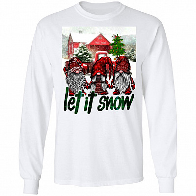 Funny Gnomes Let It Snow Saying Hoodie Sweatshirt - Forest Gnomes Christmas Is Coming Flat Long Sleeve Shirt, White, Long Sleeve