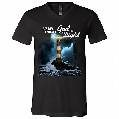 At My Darkest God Is My Light Lighthouse Jesus Christian T-Shirt - V-Neck Shirt, Black, V-Neck T-Shirt