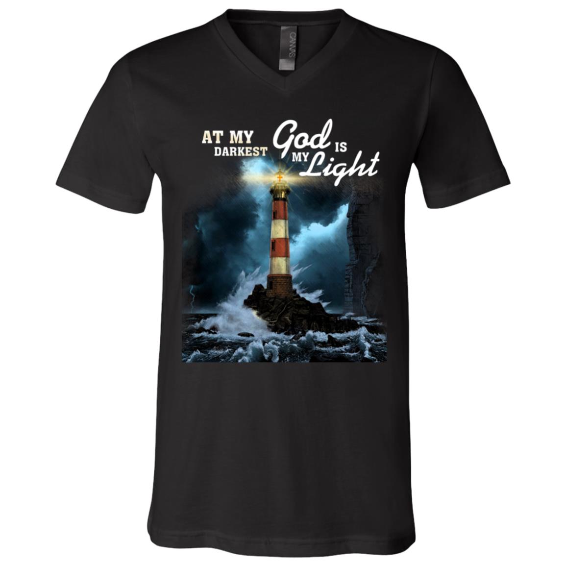 At My Darkest God Is My Light Lighthouse Jesus Christian T-Shirt - V-Neck Shirt, Black, V-Neck T-Shirt