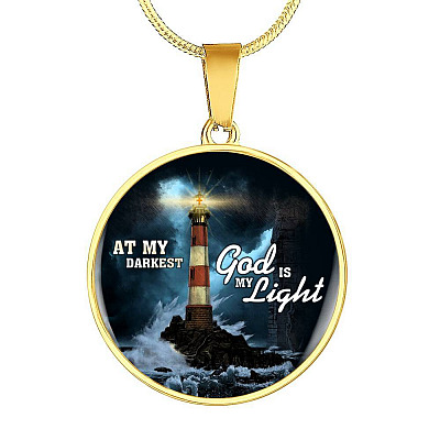 At My Darkest God Is My Light Circle Pendant Necklace - Lighthouse Jesus Christian Jewelry - Circle Luxury Necklace (Gold Plated)