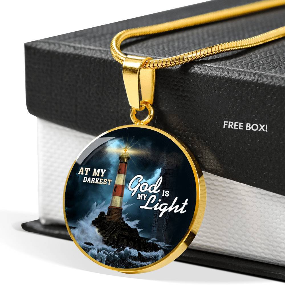 At My Darkest God Is My Light Circle Pendant Necklace - Lighthouse Jesus Christian Jewelry - Circle Luxury Necklace (Gold Plated)