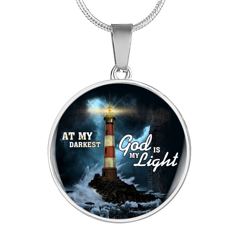 At My Darkest God Is My Light Circle Pendant Necklace - Lighthouse Jesus Christian Jewelry - Circle Luxury Necklace (Silver)