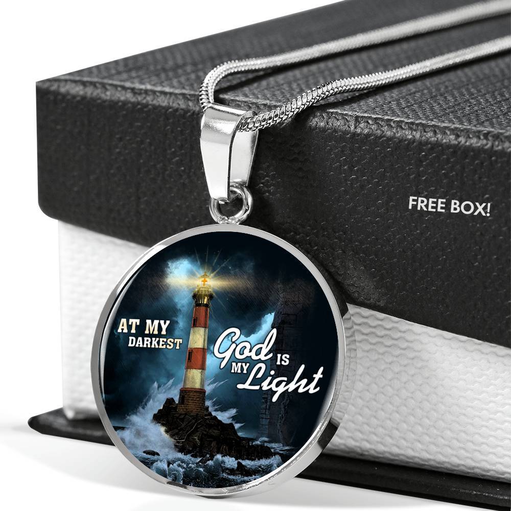 At My Darkest God Is My Light Circle Pendant Necklace - Lighthouse Jesus Christian Jewelry - Circle Luxury Necklace (Silver)