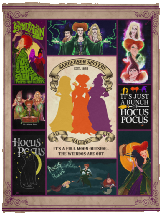 Sanderson Sisters All Hallows' Eve Halloween Ho-Cus Pocus Fleece Blanket - Sherpa Blanket - Woven Blanket, White, Cozy Plush Fleece Blanket - 30x40