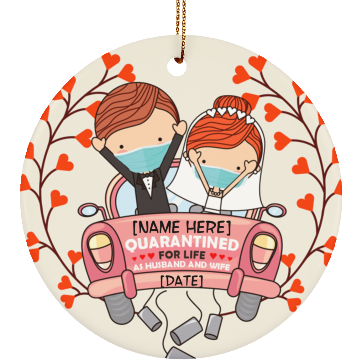 Bride And Groom With Masks Personalized Quarantine Wedding Christmas Circle Ornament Newlywed Couple Ornament, White, Circle Ornament