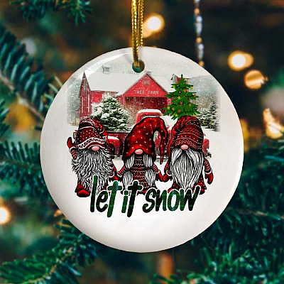 Alternative view of Funny Gnomes Let It Snow Saying Ornament - Forest Gnomes Christmas Is Coming Flat Circle Porcelain Ornament