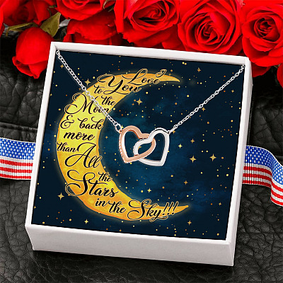 Love You To The Moon And Back Than All The Stars In The Sky Interlocking Hearts Pendant Necklace