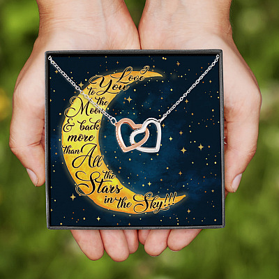 Alternative view of Love You To The Moon And Back Than All The Stars In The Sky Interlocking Hearts Pendant Necklace