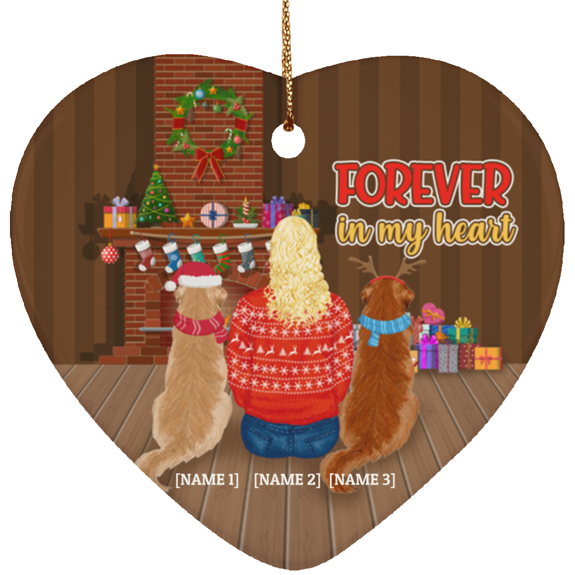 Personalized Golden Retriever Forever In My Heart Decorative Christmas Ornament Holiday Flat Heart Ornament, White, Heart Ornament