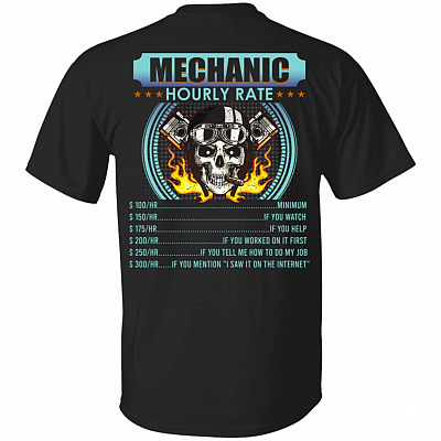 Funny Mechanic Hourly Rate Skull Print On Back T-Shirt - Men Mechanic Work Shirt Gift, Black, Unisex T-Shirt