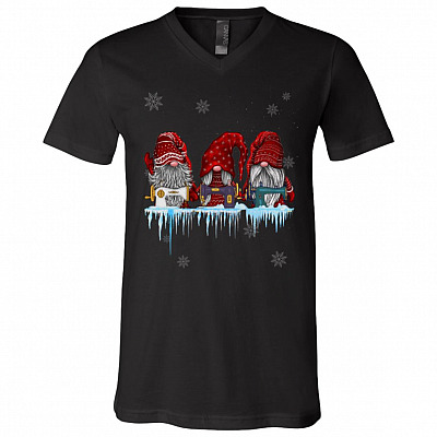 Gnomes Quilting Lovers For Christmas T-Shirt - V-Neck - Three Nordic Gnomes Winter Swedish Elves Shirt, Black, V-Neck T-Shirt