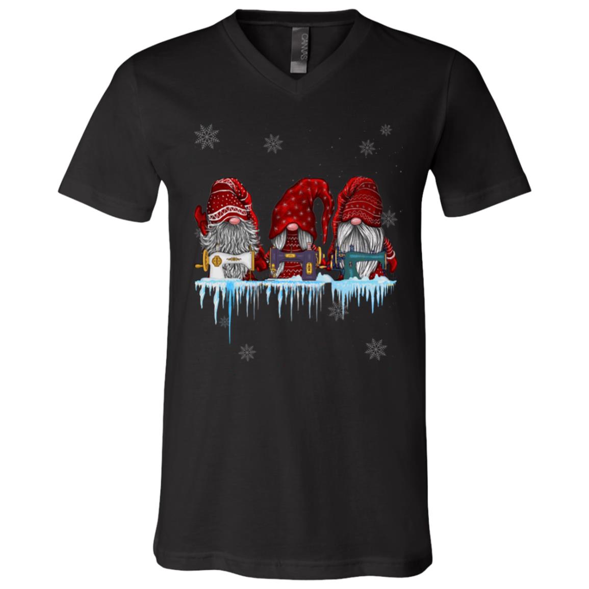 Gnomes Quilting Lovers For Christmas T-Shirt - V-Neck - Three Nordic Gnomes Winter Swedish Elves Shirt, Black, V-Neck T-Shirt