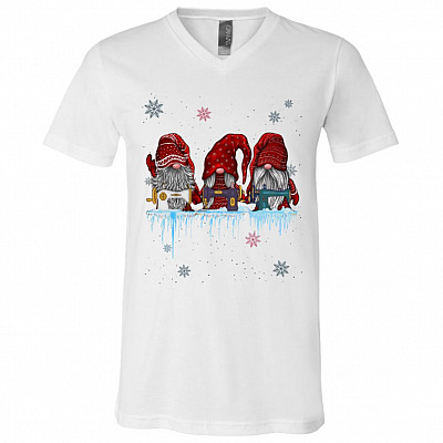 Gnomes Quilting Lovers For Christmas Light T-Shirt - V-Neck - Three Nordic Gnomes Winter Swedish Elves Shirt, White, V-Neck T-Shirt