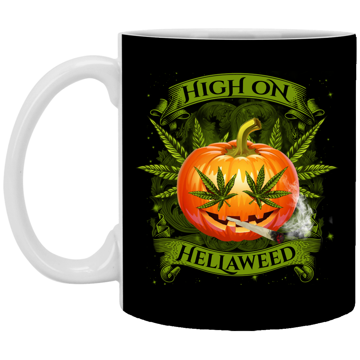 Hellaweed Cannabis Pumpkin Ceramic Coffee Mug - Travel Mug - Color Changing Mug, Black, 11 oz. White Mug