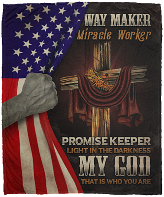 Way-Maker Miracle Worker Promise Keeper Light in The Darkness - America Flag Fleece - Premium Sherpa Blanket, White, Cozy Plush Fleece Blanket - 50x60