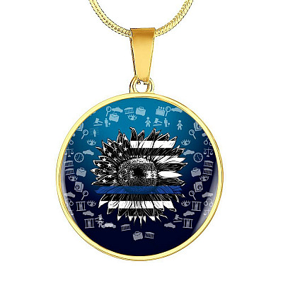 Sunflower Thin Blue Line American Flag Circle Pendant Necklace - Circle Luxury Necklace (Gold Plated)