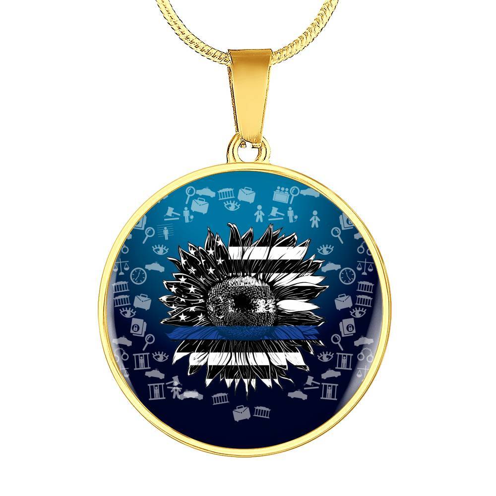 Sunflower Thin Blue Line American Flag Circle Pendant Necklace - Circle Luxury Necklace (Gold Plated)