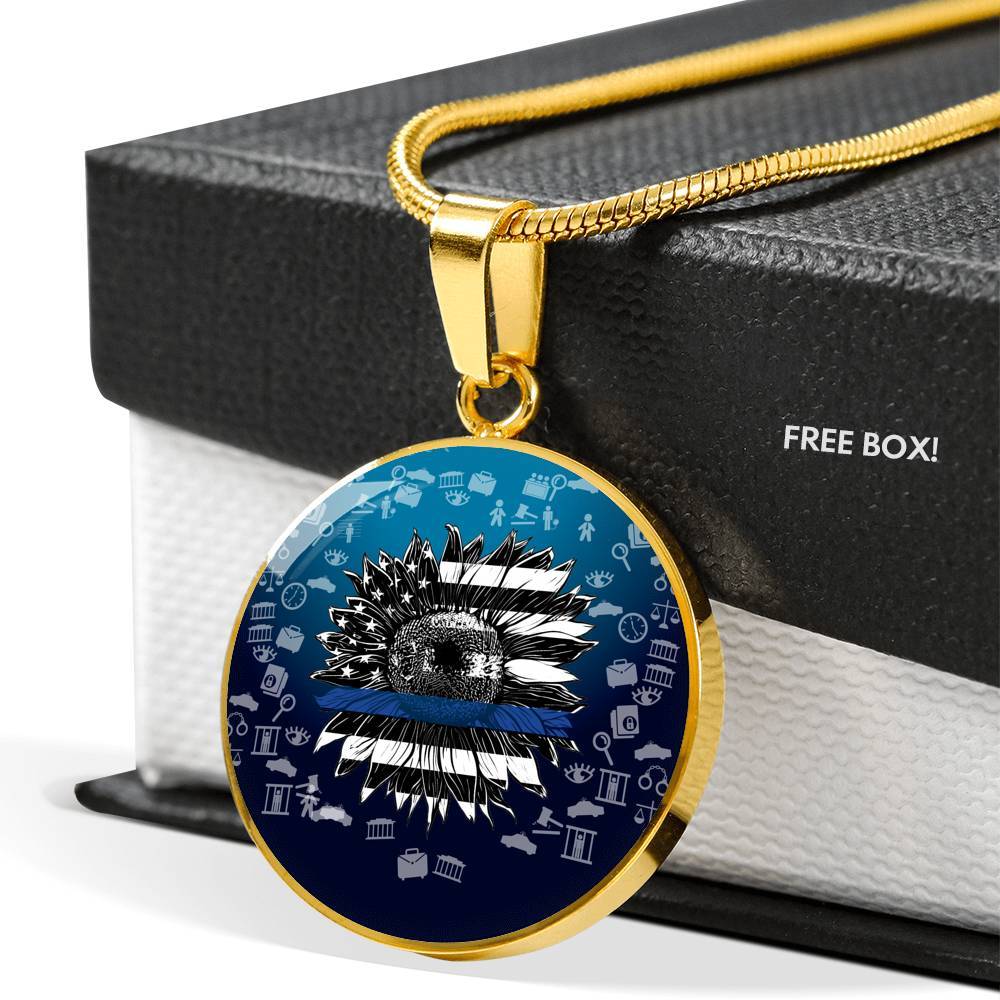 Sunflower Thin Blue Line American Flag Circle Pendant Necklace - Circle Luxury Necklace (Gold Plated)