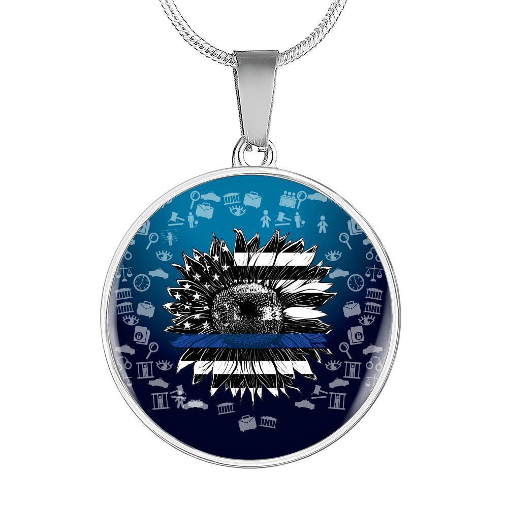 Sunflower Thin Blue Line American Flag Circle Pendant Necklace - Circle Luxury Necklace (Silver)