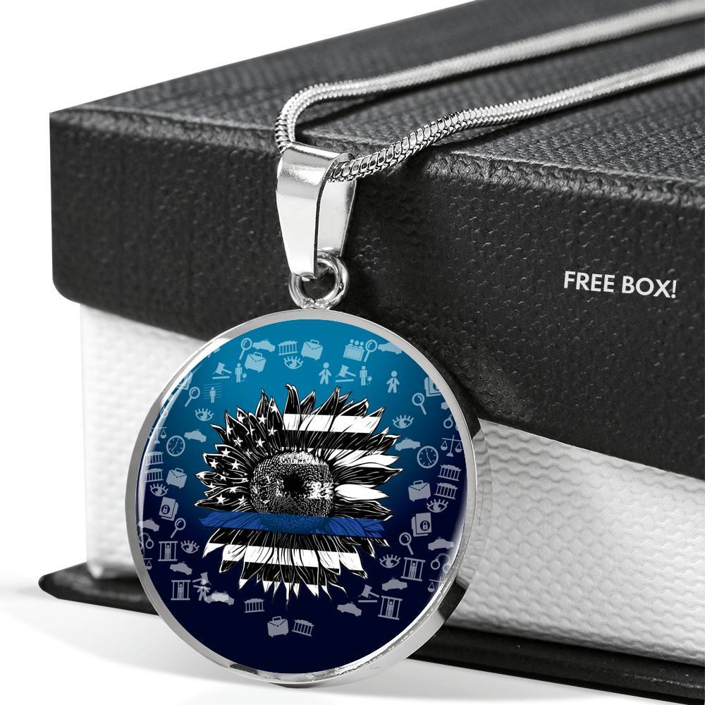 Sunflower Thin Blue Line American Flag Circle Pendant Necklace - Circle Luxury Necklace (Silver)