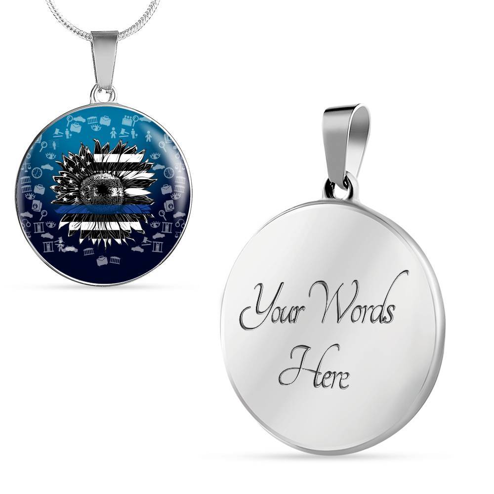 Sunflower Thin Blue Line American Flag Circle Pendant Necklace - Circle Luxury Necklace (Silver)