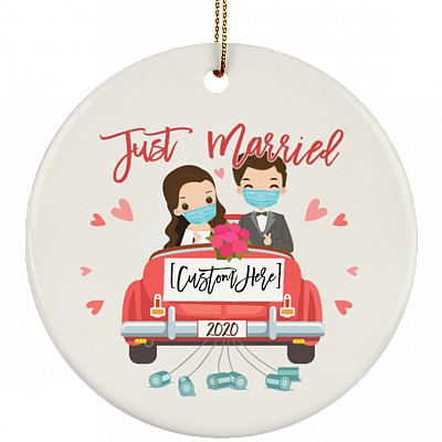 Personalized Couple Wearing Mask Just Married 2020 Wedding Covid Pandemic Christmas Circle Ornament Keepsake, White, Circle Ornament