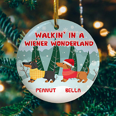 Alternative view of Personalized Walkin' In A Wiener Wonderland Two Dachshunds Wiener Dog Christmas Circle Ornament Keepsake